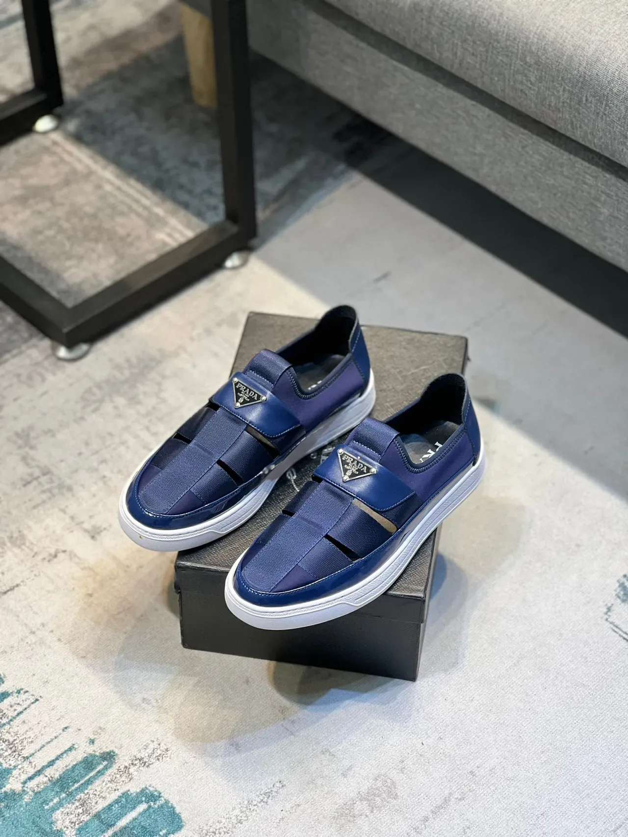 Prada Navy White Slip-On Elastic Strap Loafer 7