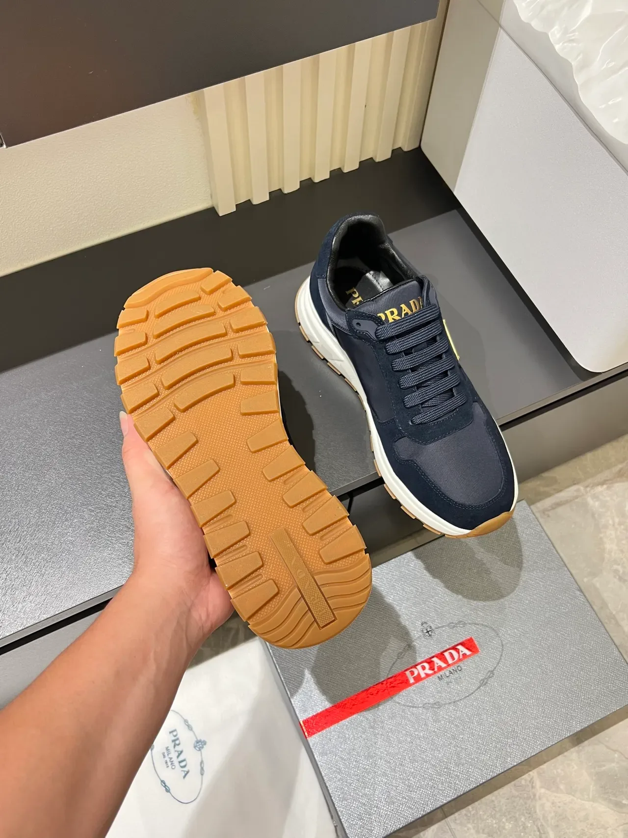 Prada Navy White Suede And Nylon Upper Midsole Lifestyle Sneakers 3