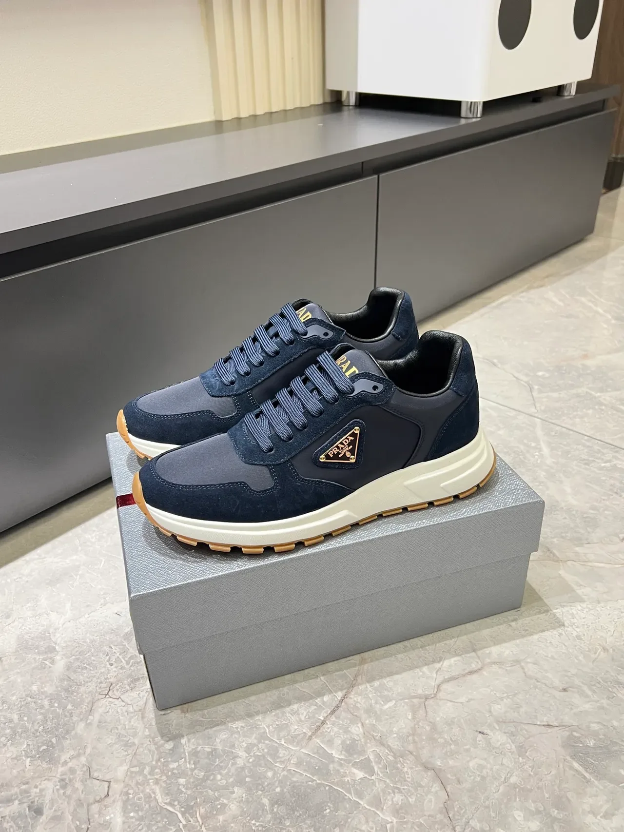 Prada Navy White Suede And Nylon Upper Midsole Lifestyle Sneakers 4