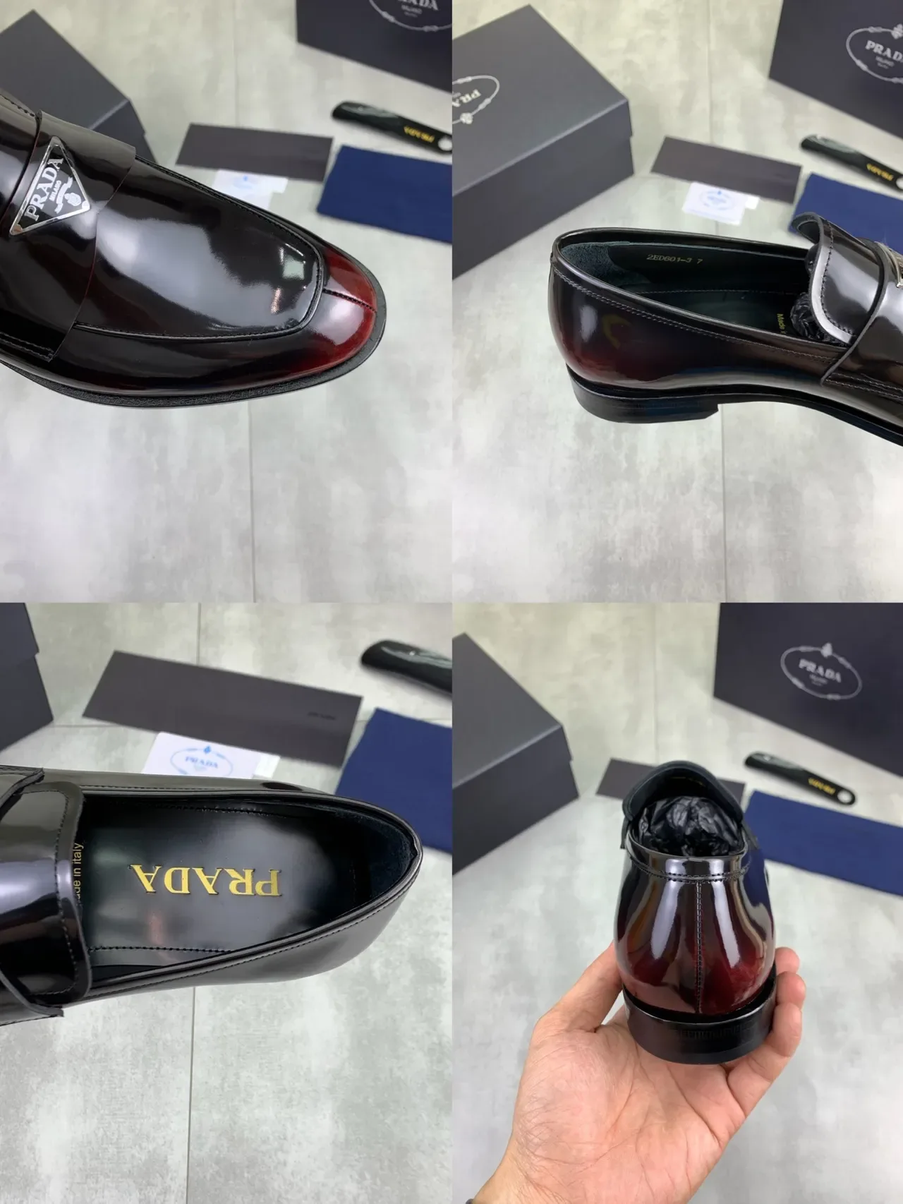 Prada Penny Loafer Black Burgundy Patent Leather Gradient Toe Loafer 2