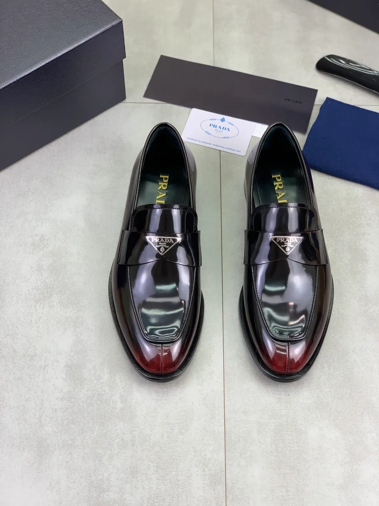 Prada Penny Loafer Black Burgundy Patent Leather Gradient Toe Loafer 5