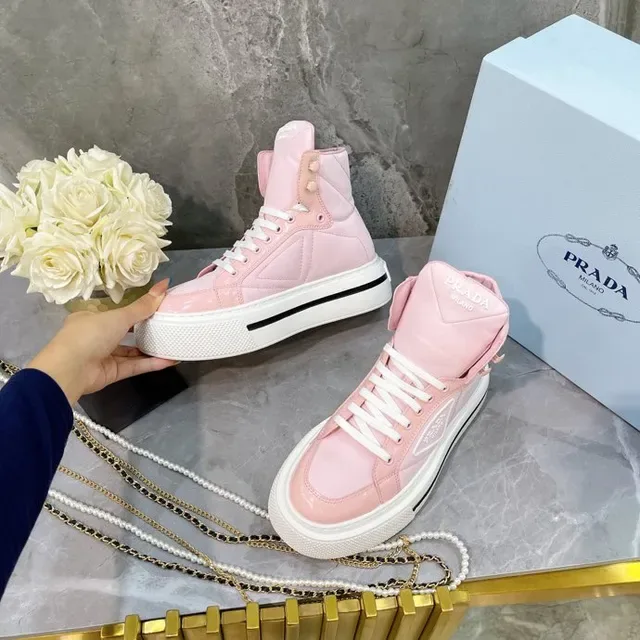 Prada Pink White High-Top Platform Sole Lifestyle Sneakers 4