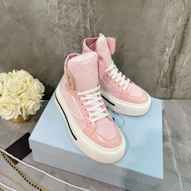 Prada Pink White High-Top Platform Sole Lifestyle Sneakers 6