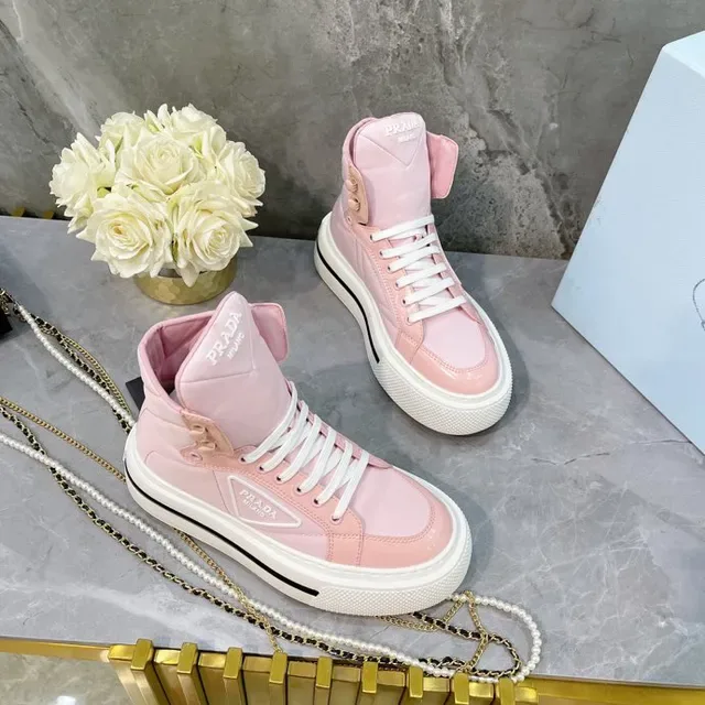 Prada Pink White High-Top Platform Sole Lifestyle Sneakers 7