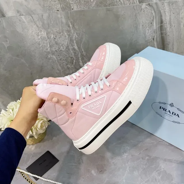 Prada Pink White High-Top Platform Sole Lifestyle Sneakers 8