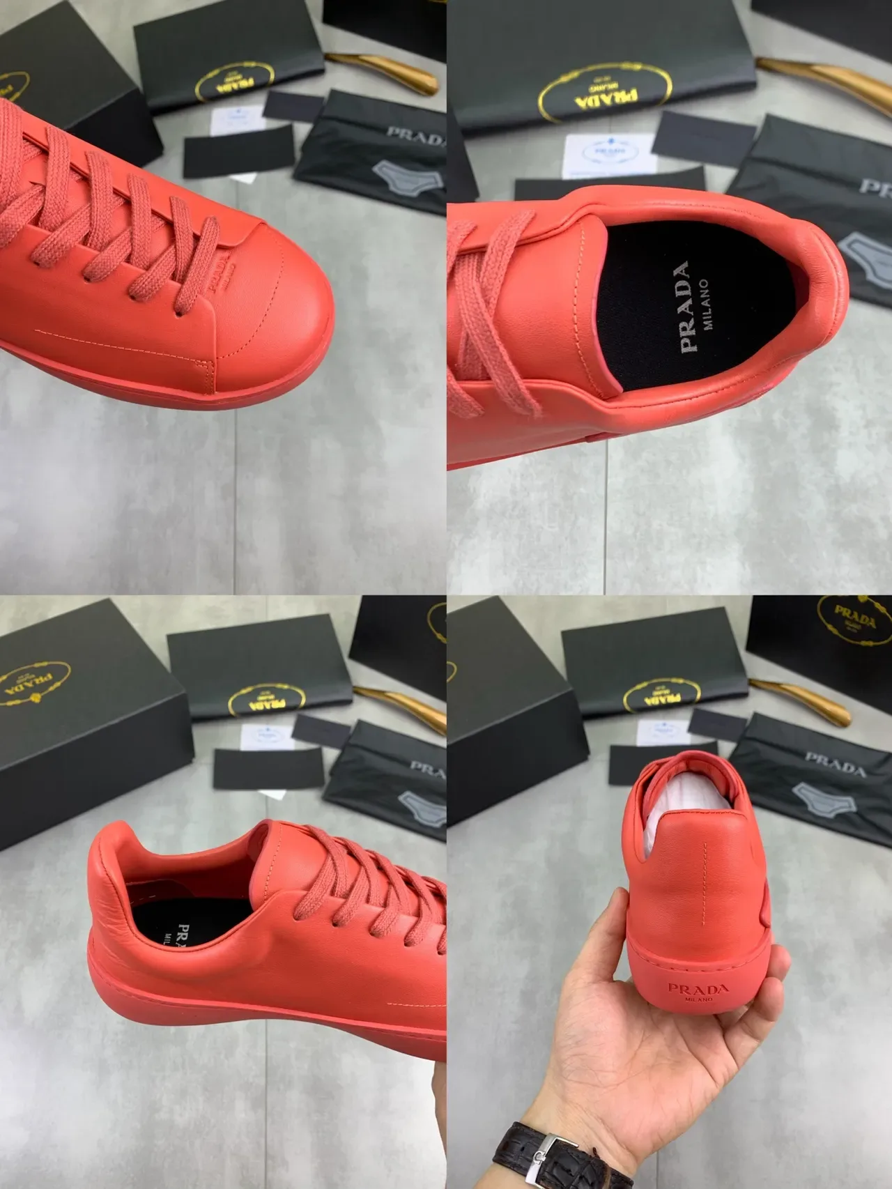 Prada Red Monochrome Leather Minimalist Silhouette Lifestyle Sneakers 2