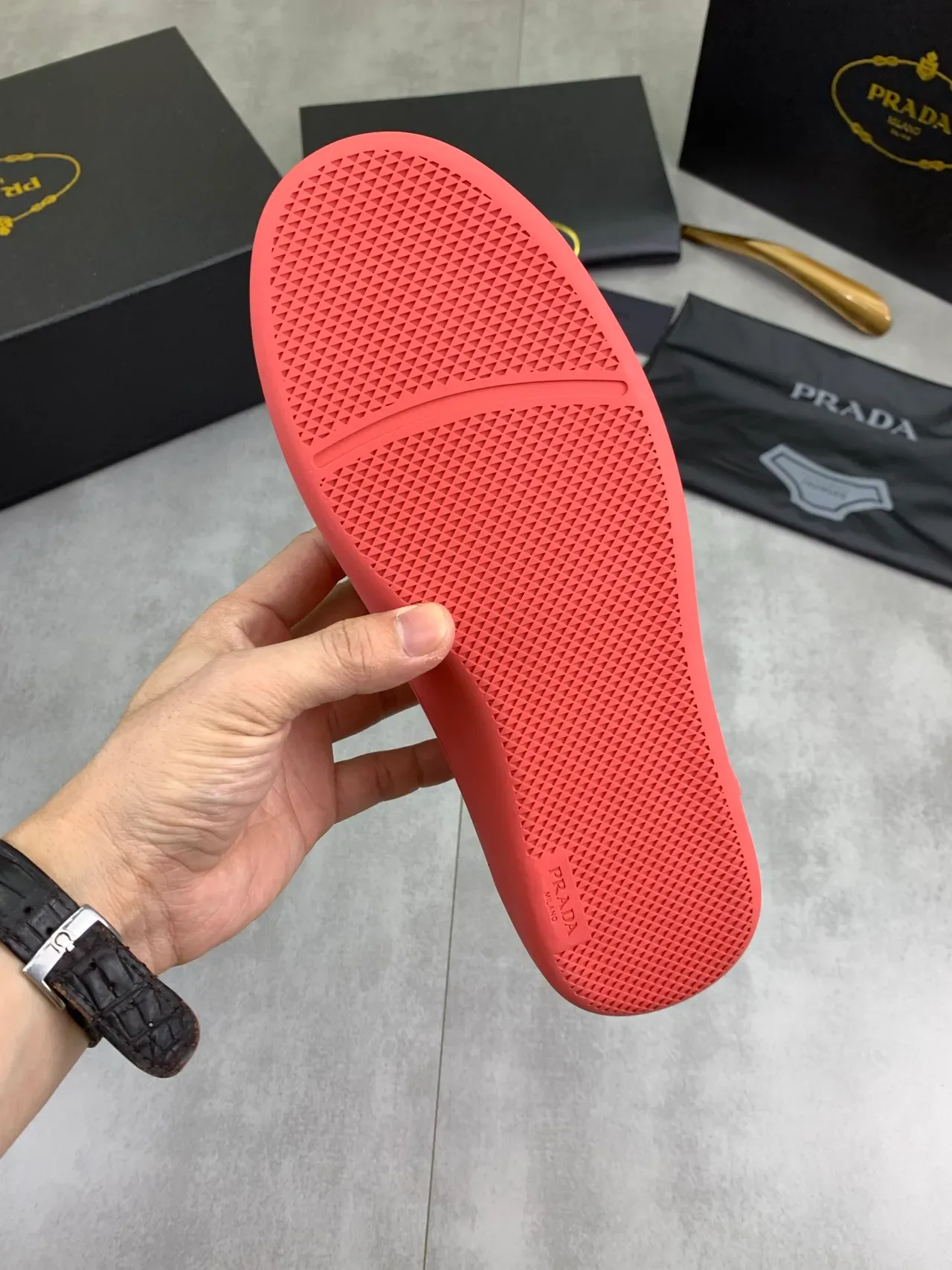 Prada Red Monochrome Leather Minimalist Silhouette Lifestyle Sneakers 3
