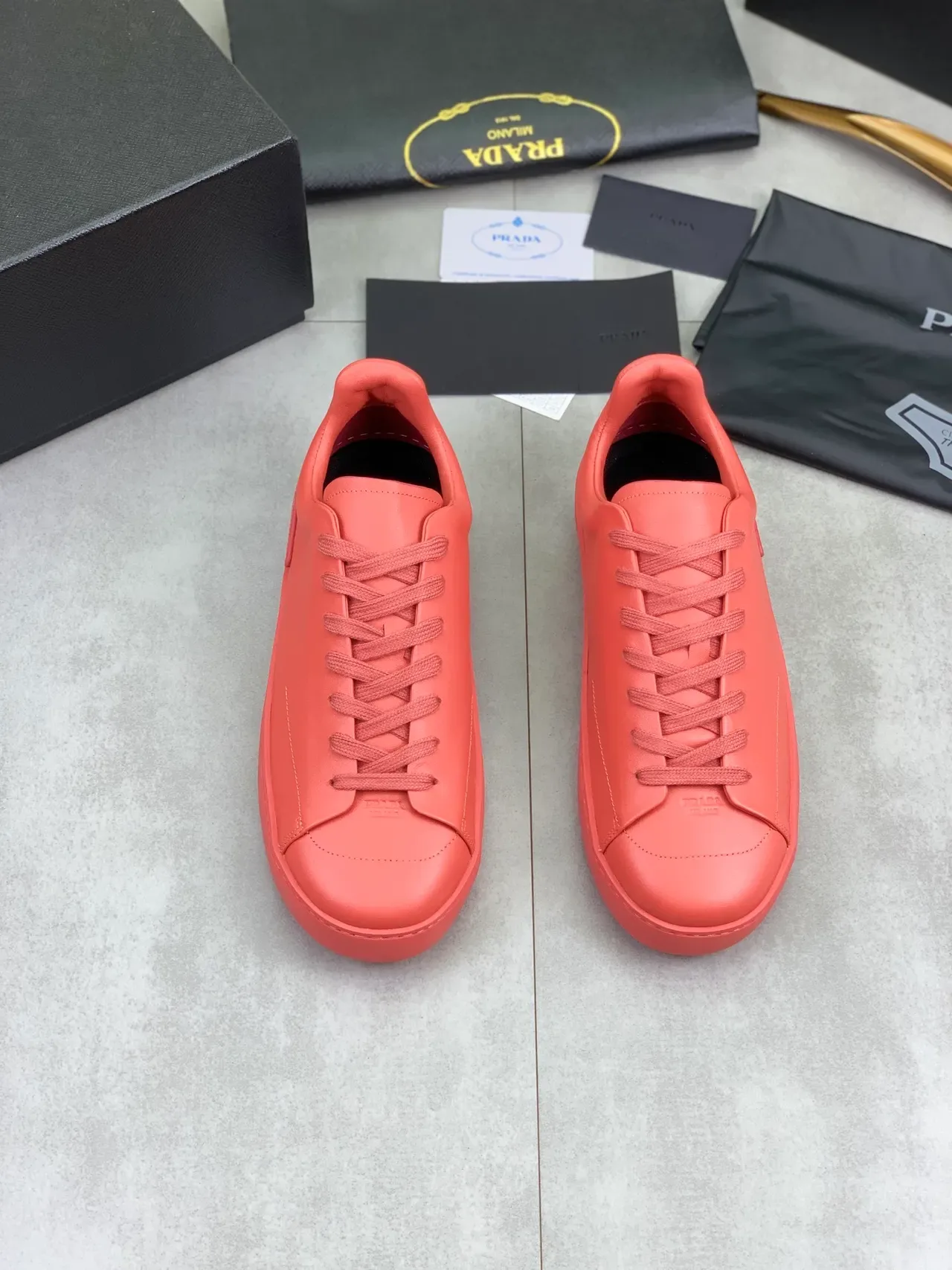 Prada Red Monochrome Leather Minimalist Silhouette Lifestyle Sneakers 4