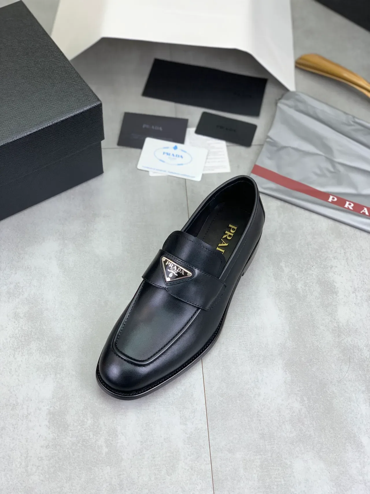 Prada Triangle Logo Strap Loafer Black Leather Metal Loafer 4