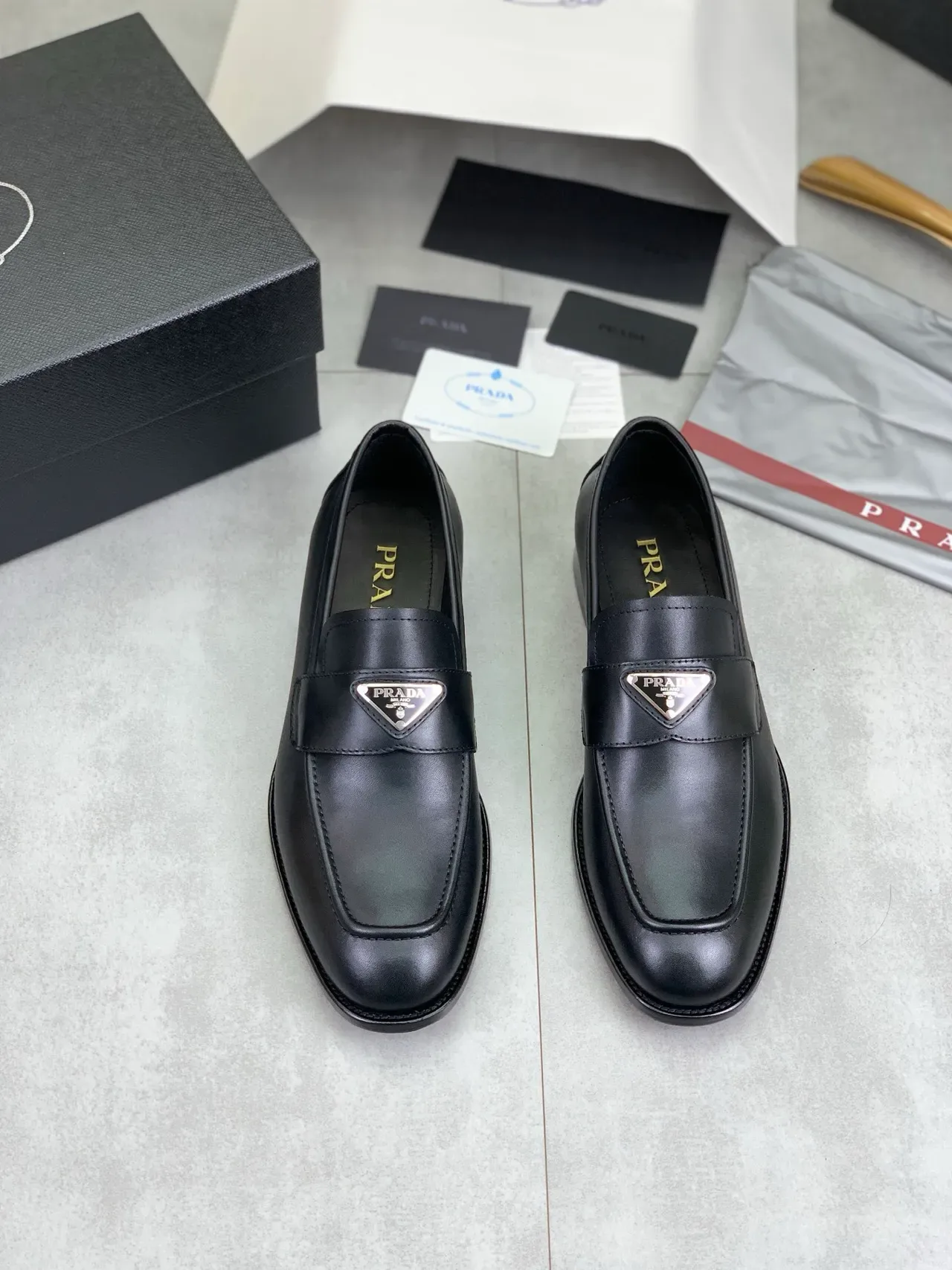 Prada Triangle Logo Strap Loafer Black Leather Metal Loafer 5