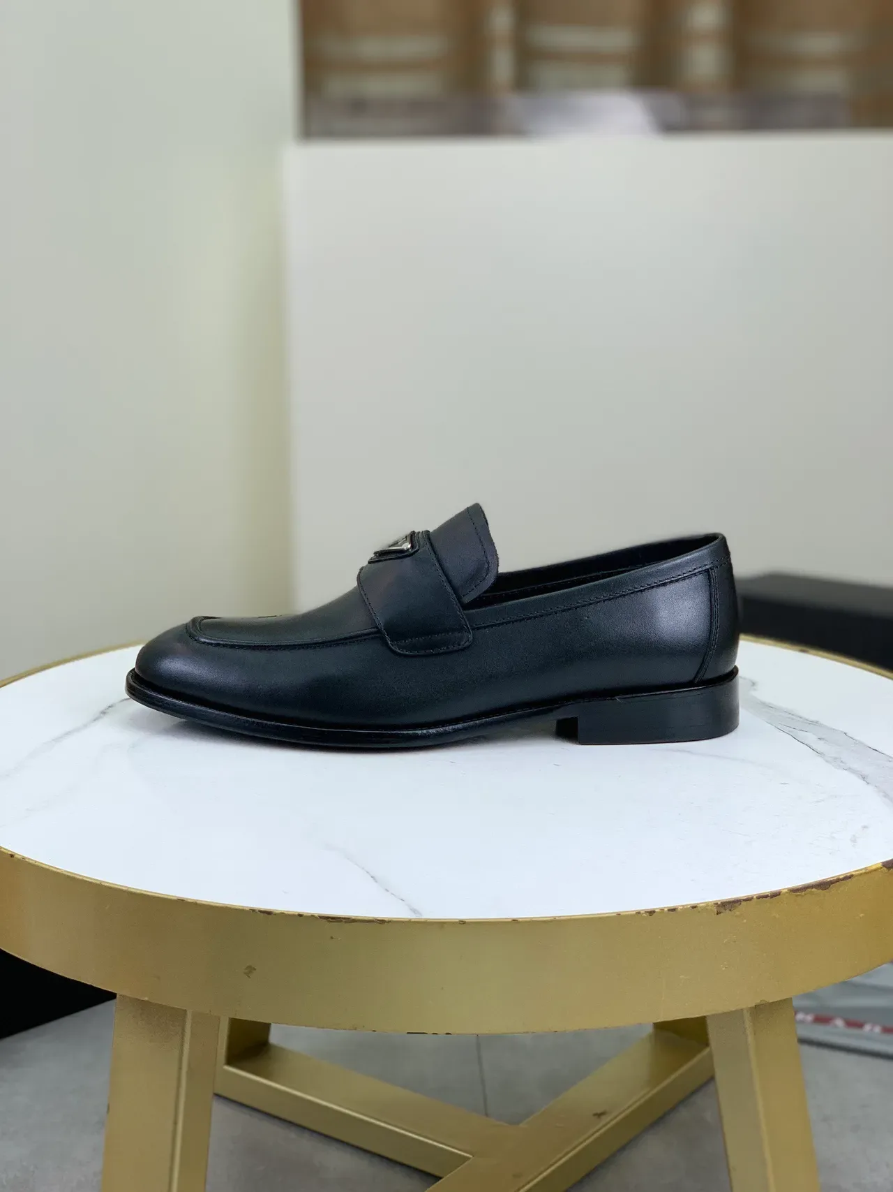 Prada Triangle Logo Strap Loafer Black Leather Metal Loafer 6