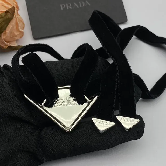 Prada Triangle Necklace Black Gold Velvet Ribbon Triangular Metal Pendant Necklace 2