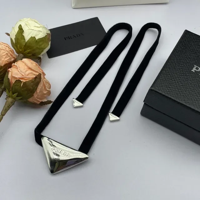Prada Triangle Necklace Black Gold Velvet Ribbon Triangular Metal Pendant Necklace 3