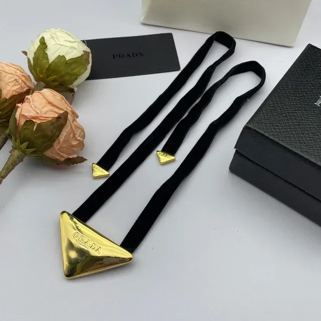 Prada Triangle Necklace Black Gold Velvet Ribbon Triangular Metal Pendant Necklace 4