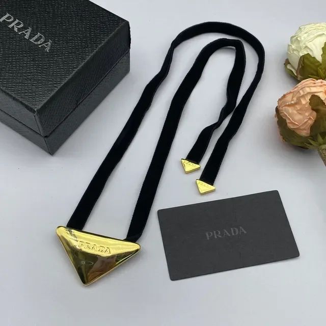 Prada Triangle Necklace Black Gold Velvet Ribbon Triangular Metal Pendant Necklace 5