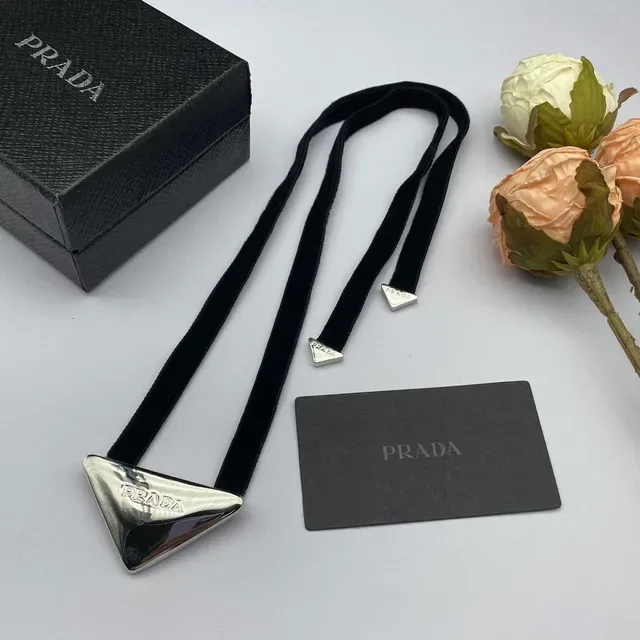 Prada Triangle Necklace Black Gold Velvet Ribbon Triangular Metal Pendant Necklace 6