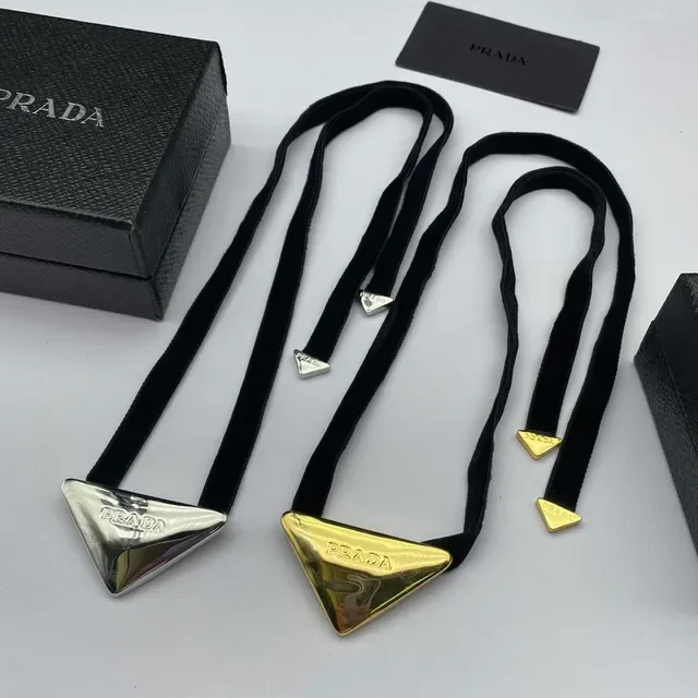 Prada Triangle Necklace Black Gold Velvet Ribbon Triangular Metal Pendant Necklace 7