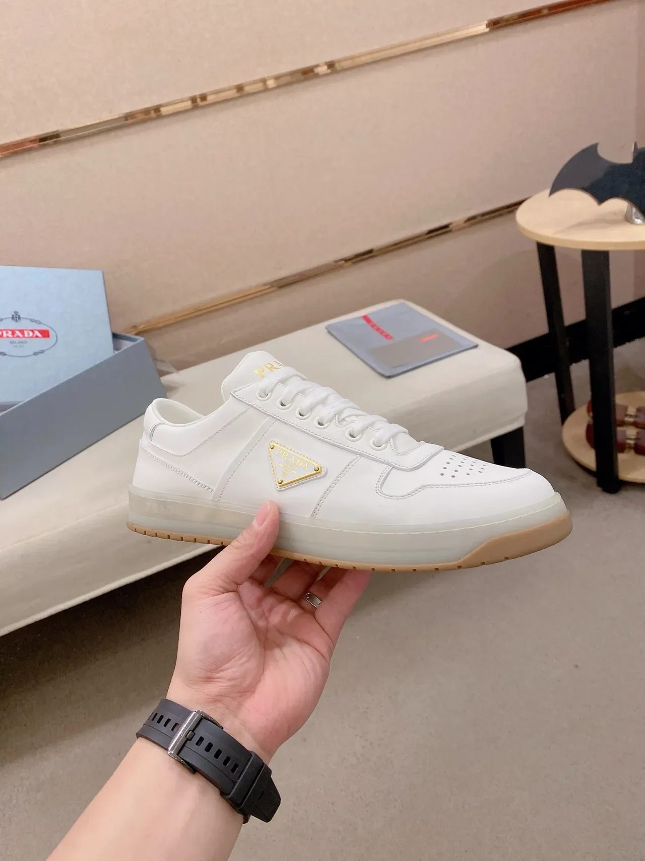 Prada White Beige Leather Upper Perforated Toe Cap Lifestyle Sneakers 4