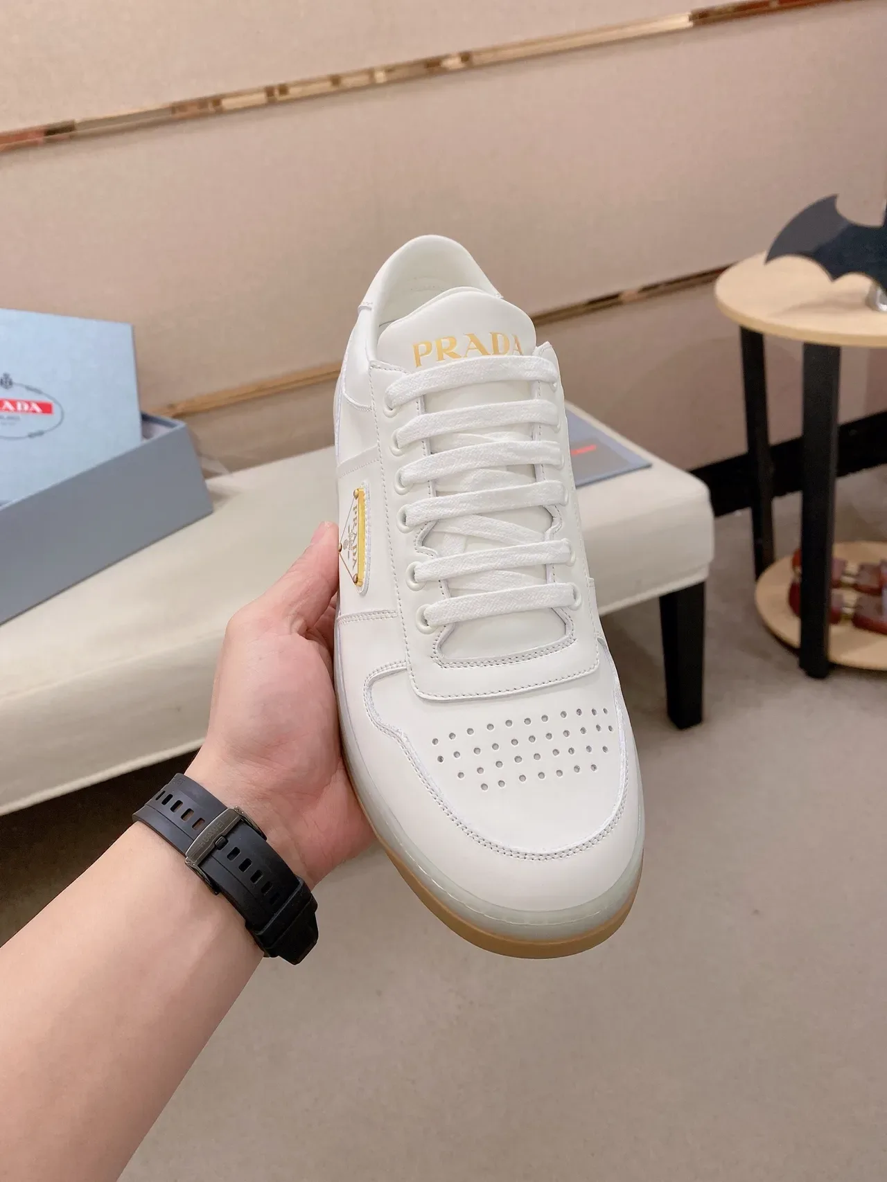 Prada White Beige Leather Upper Perforated Toe Cap Lifestyle Sneakers 5