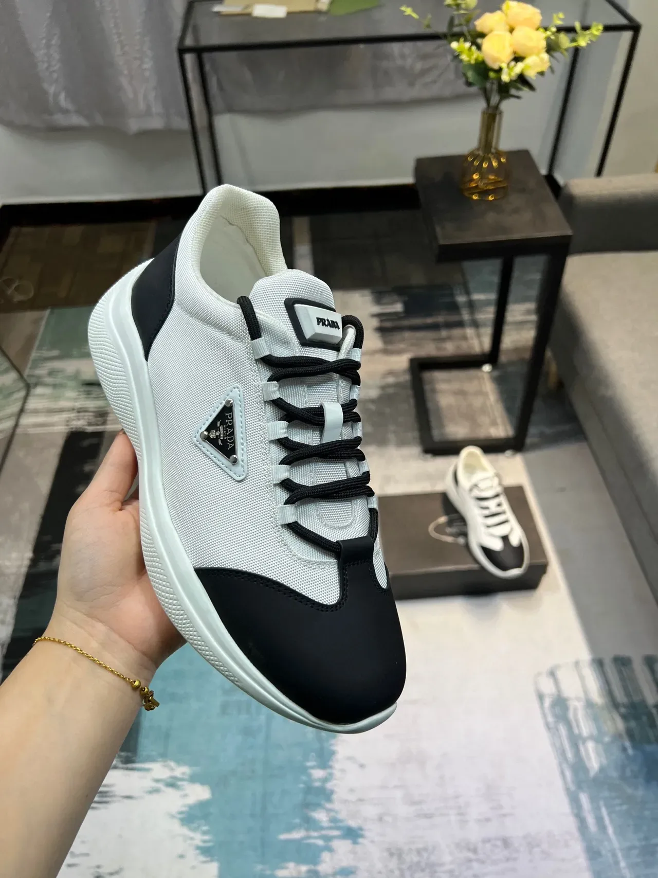 Prada White Black Low-Top Mixed-Material Lifestyle Sneakers 5