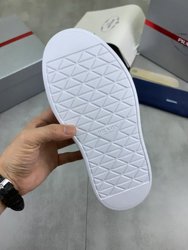 Prada White Leather Triangular Metal Logo Lifestyle Sneakers 3