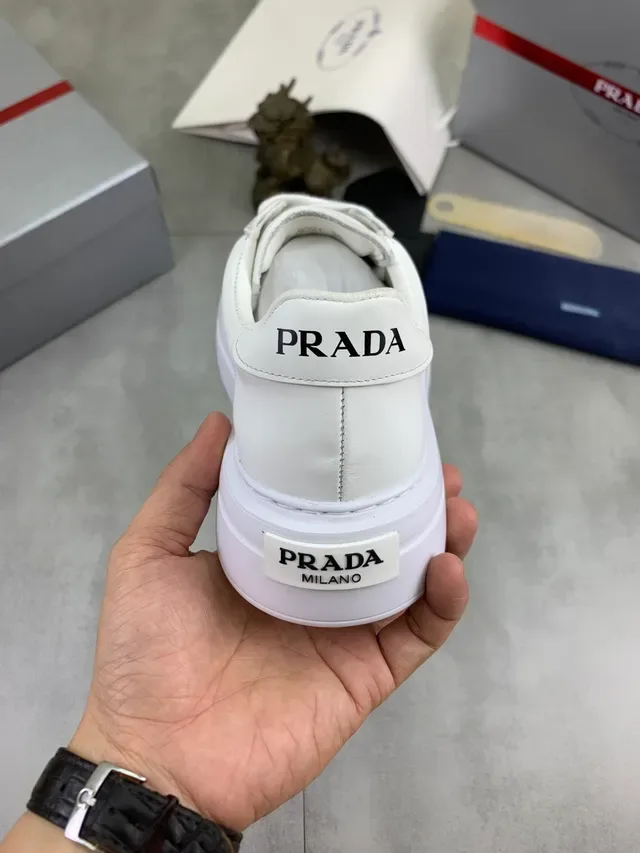 Prada White Leather Triangular Metal Logo Lifestyle Sneakers 4