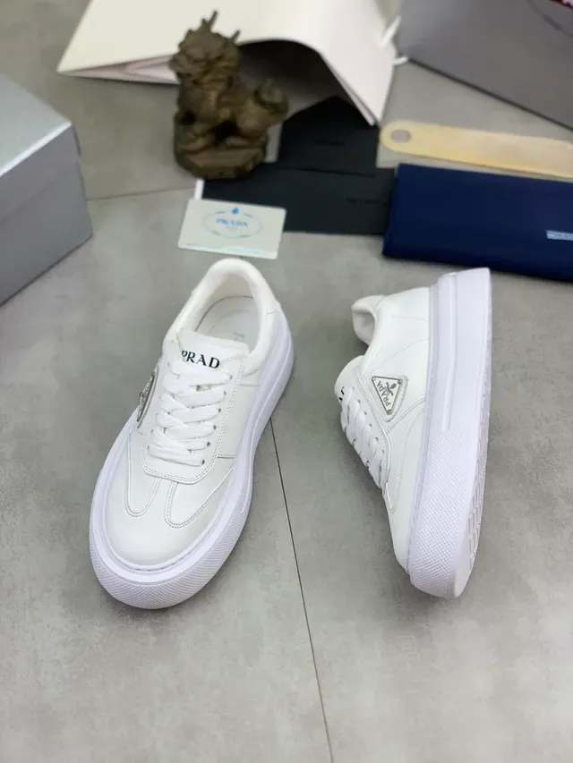Prada White Leather Triangular Metal Logo Lifestyle Sneakers 6