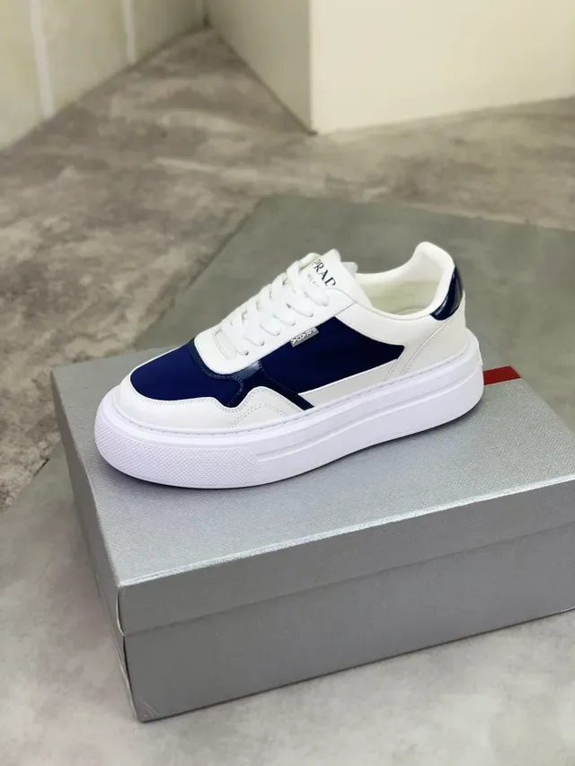 Prada White Navy Platform Sole Two-Tone Lifestyle Sneakers 4