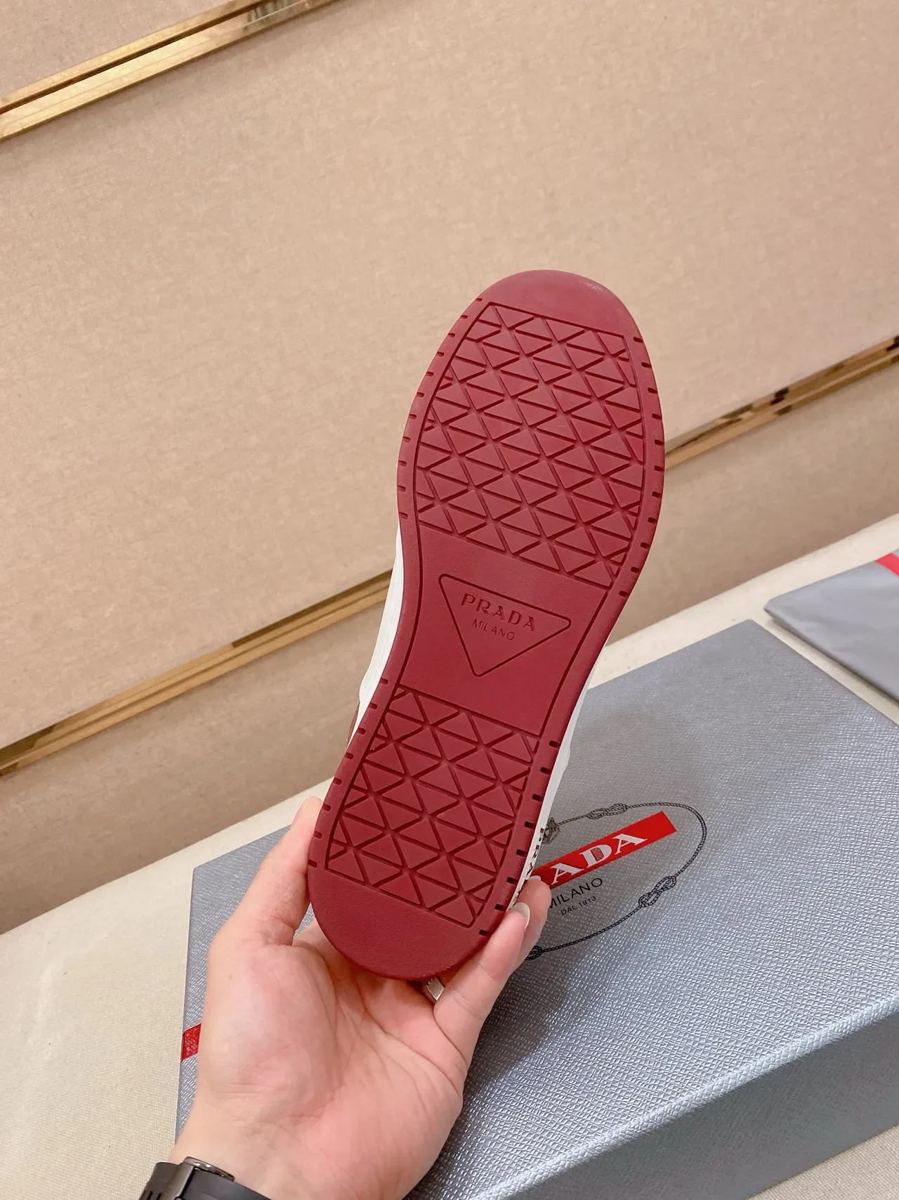 Prada White Red Color-Blocked Leather Perforated Toe Cap Lifestyle Sneakers 2