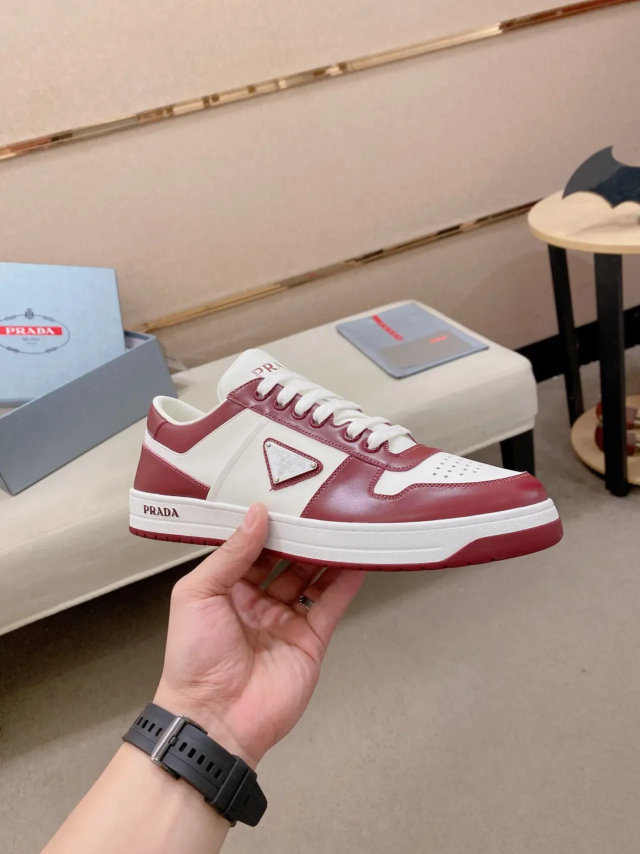 Prada White Red Color-Blocked Leather Perforated Toe Cap Lifestyle Sneakers 4