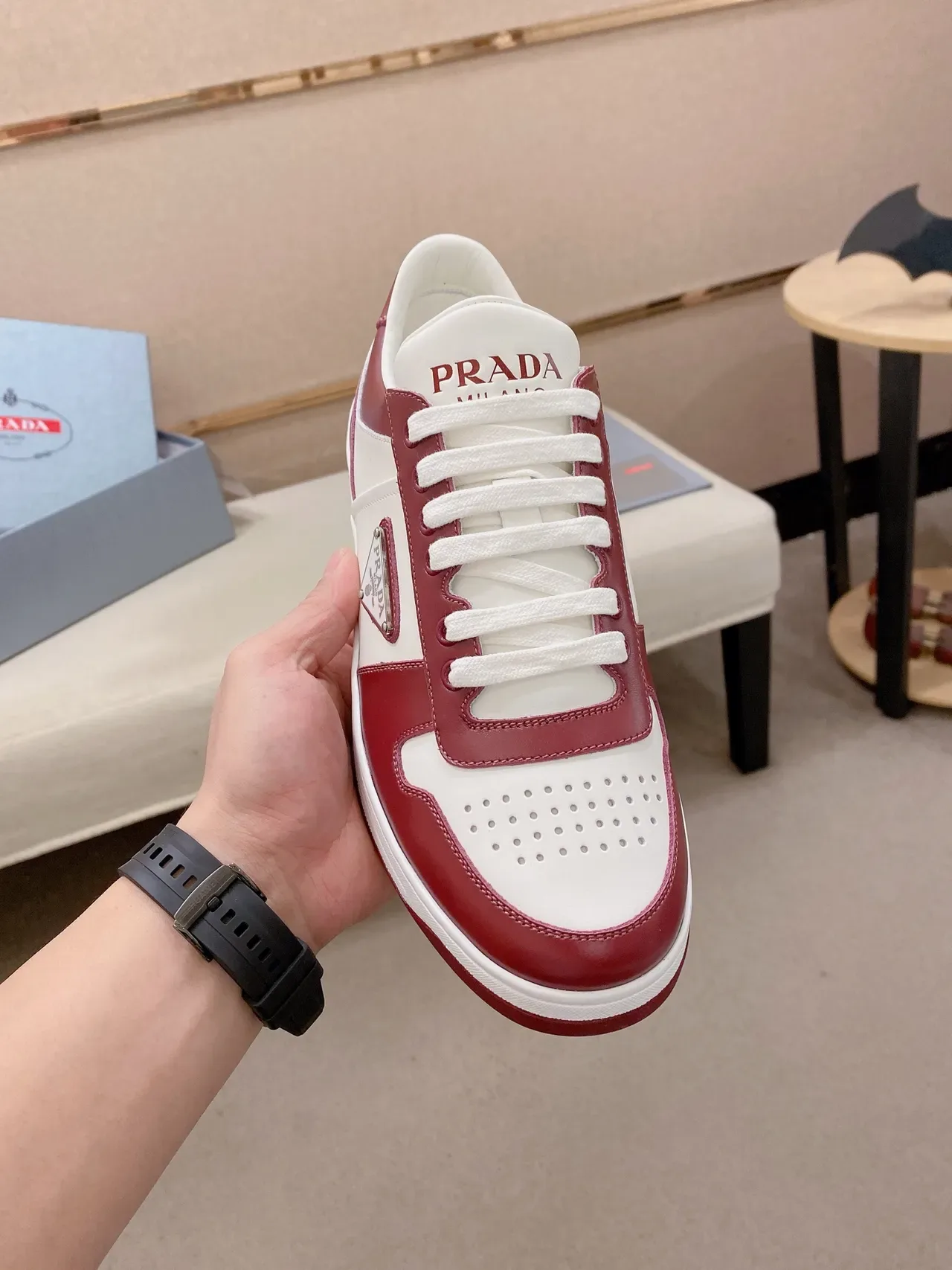 Prada White Red Color-Blocked Leather Perforated Toe Cap Lifestyle Sneakers 5