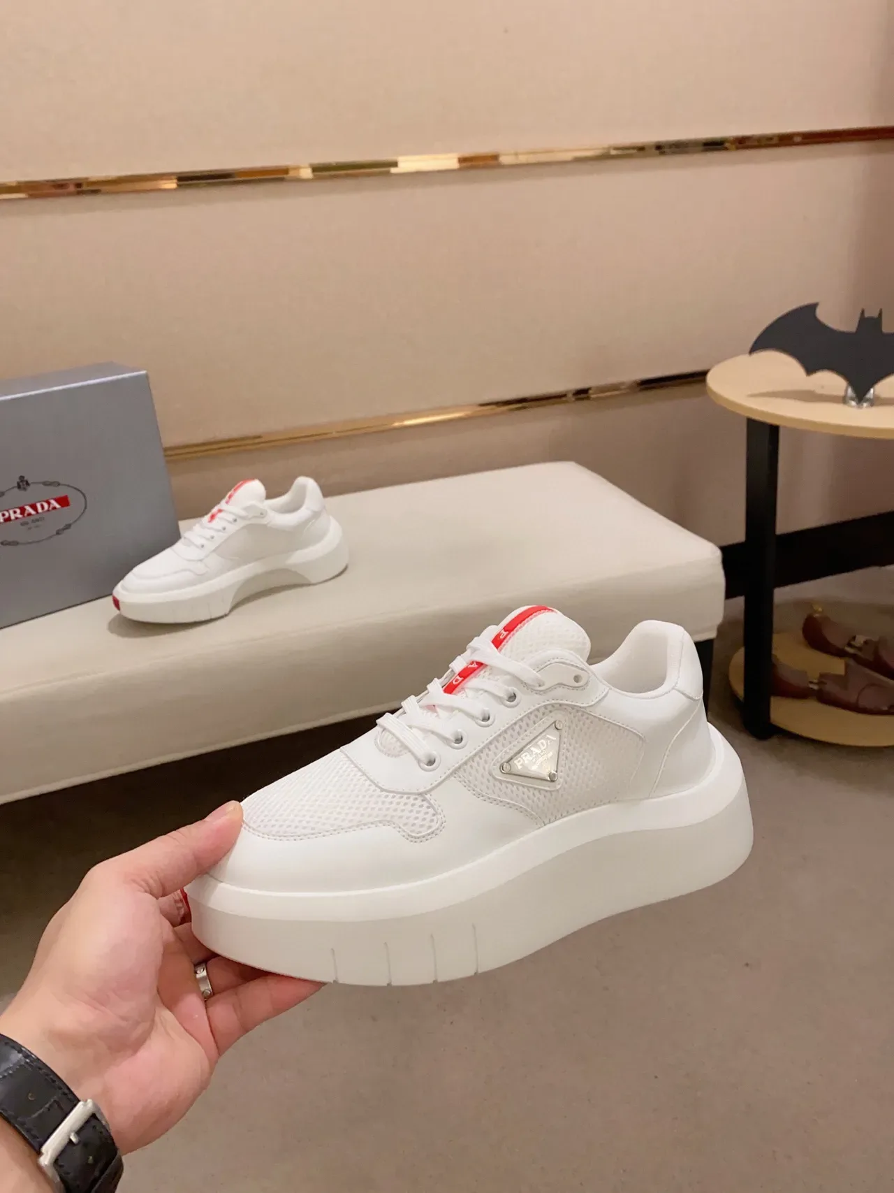 Prada White Red Mesh And Leather Upper Thick Platform Sole Chunky Sneakers 3