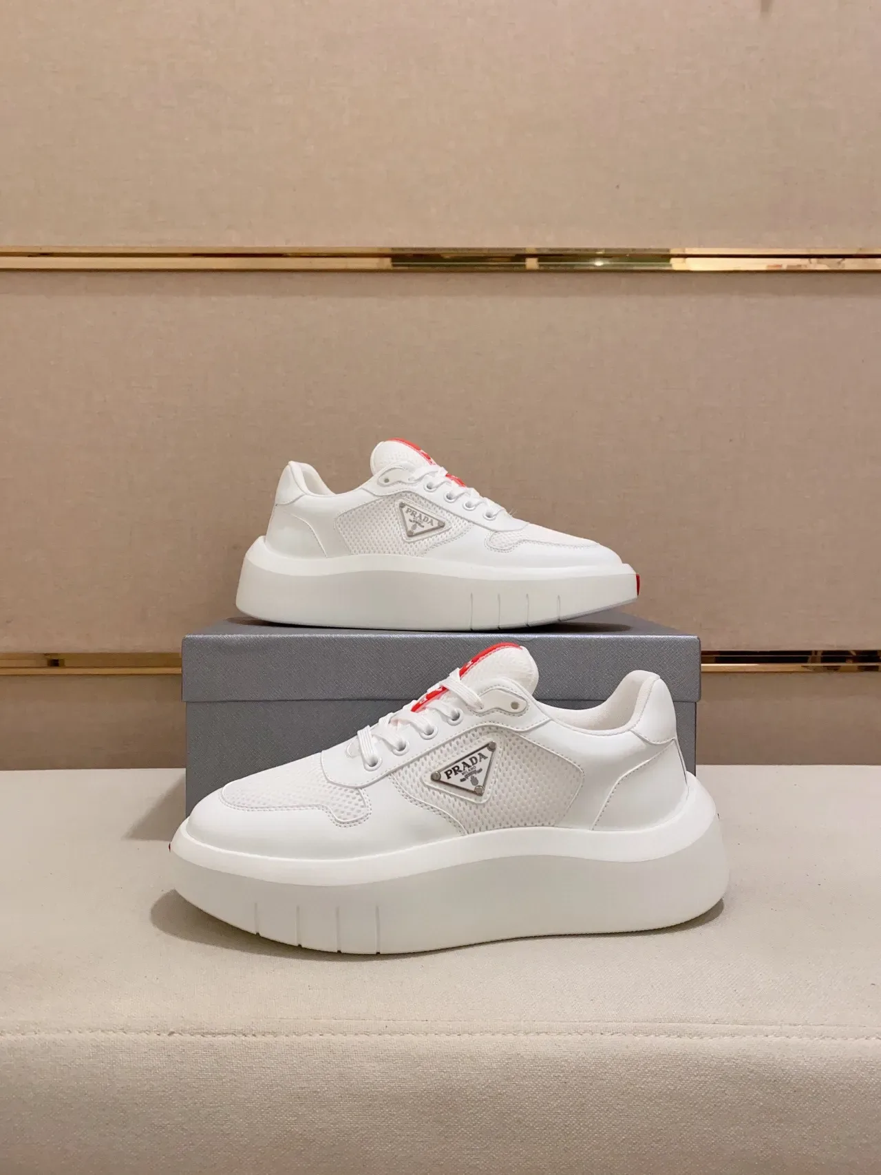 Prada White Red Mesh And Leather Upper Thick Platform Sole Chunky Sneakers 6
