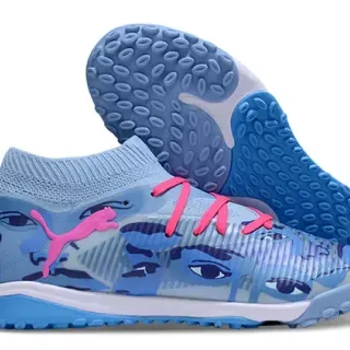 Puma Future Z Blue Pink Sock-Fit Knit Upper Eye Motif Camo Print Turf Soccer Shoes