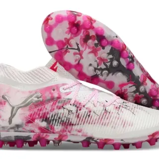 Puma White Pink Low-Cut Knit Upper Floral Ink-Splatter Print Soccer Shoes
