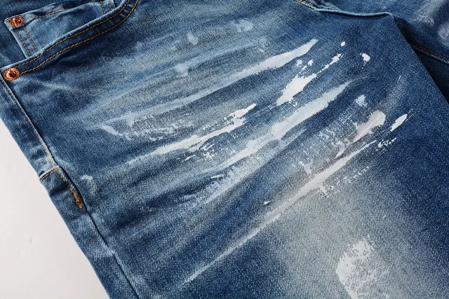 Purple Brand Distressed Paint-Splatter Slim Straight Jeans 7