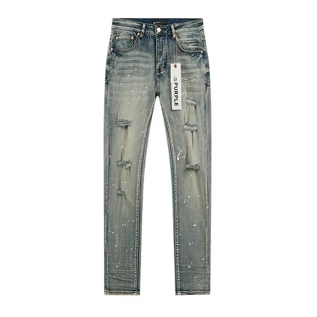 Purple Brand Distressed Paint-Splattered Slim-Fit Light Wash Jeans 2