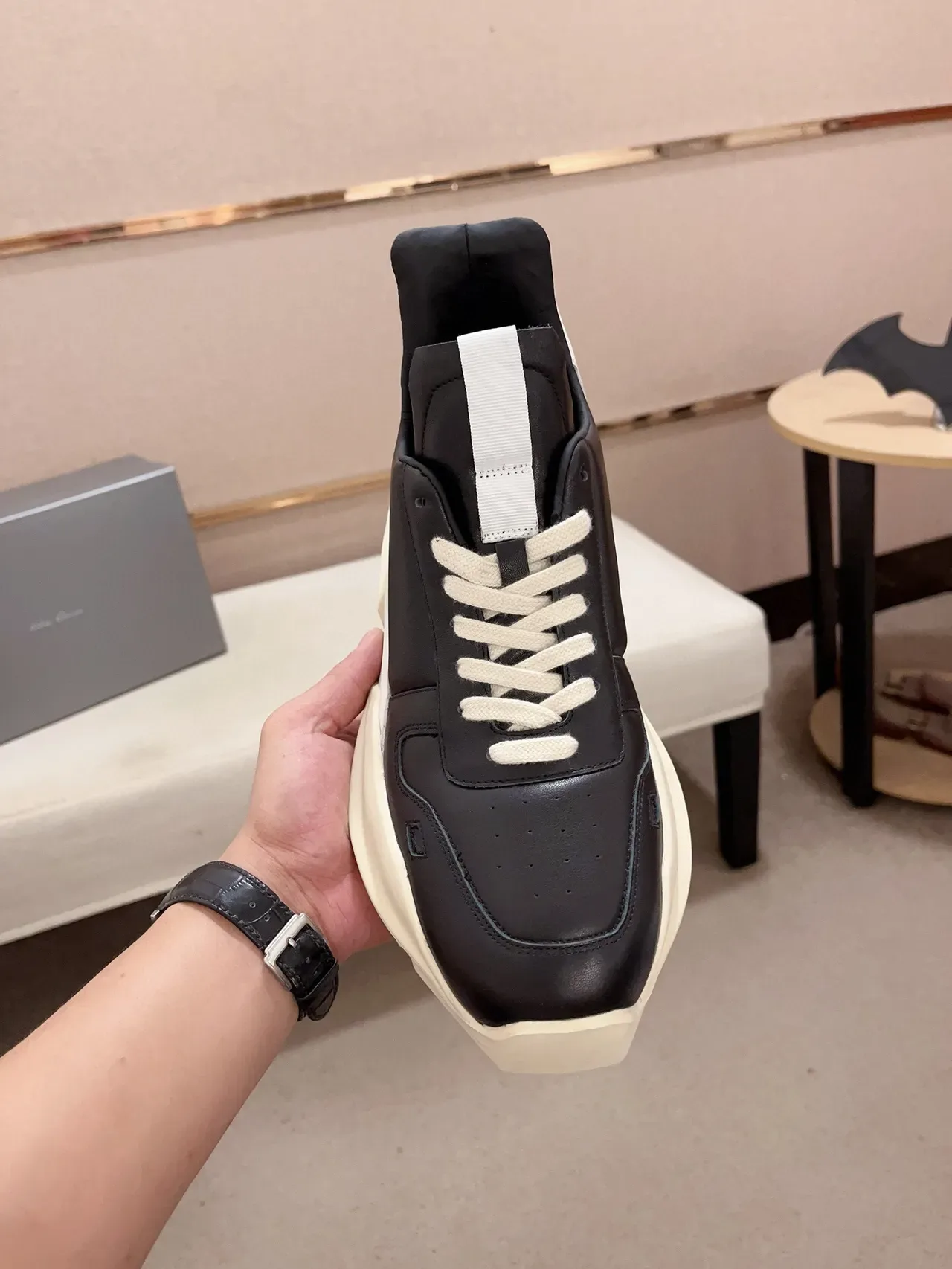 Rick Owens Black Beige Sculpted Sole Asymmetrical Heel Counter Chunky Sneakers 2