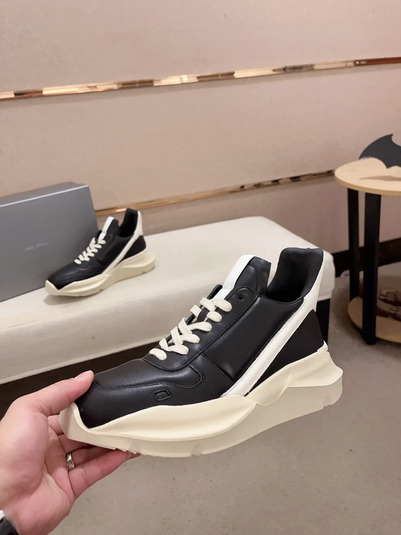 Rick Owens Black Beige Sculpted Sole Asymmetrical Heel Counter Chunky Sneakers 3