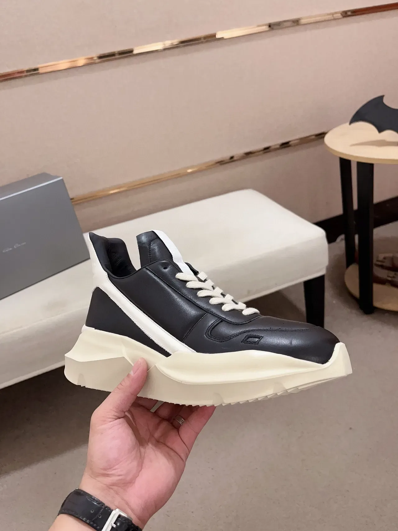Rick Owens Black Beige Sculpted Sole Asymmetrical Heel Counter Chunky Sneakers 4
