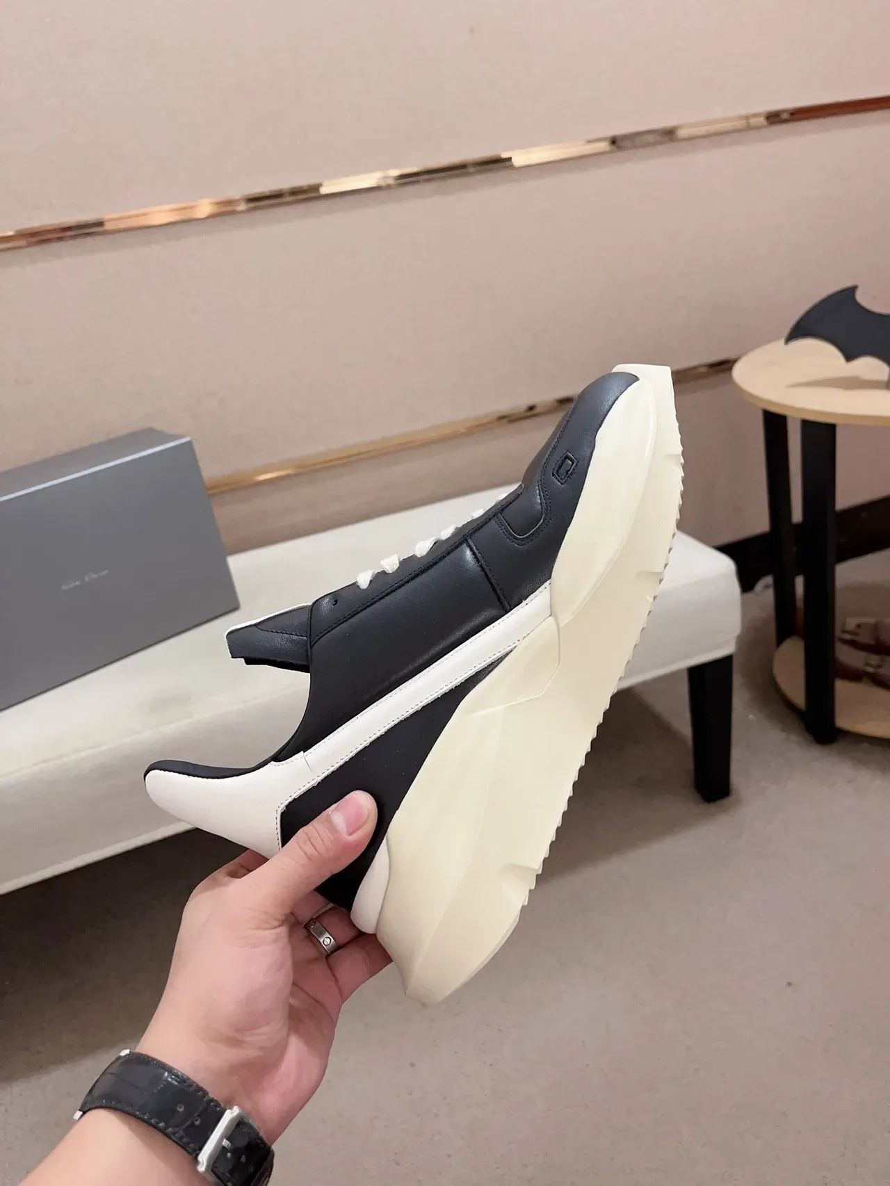 Rick Owens Black Beige Sculpted Sole Asymmetrical Heel Counter Chunky Sneakers 5