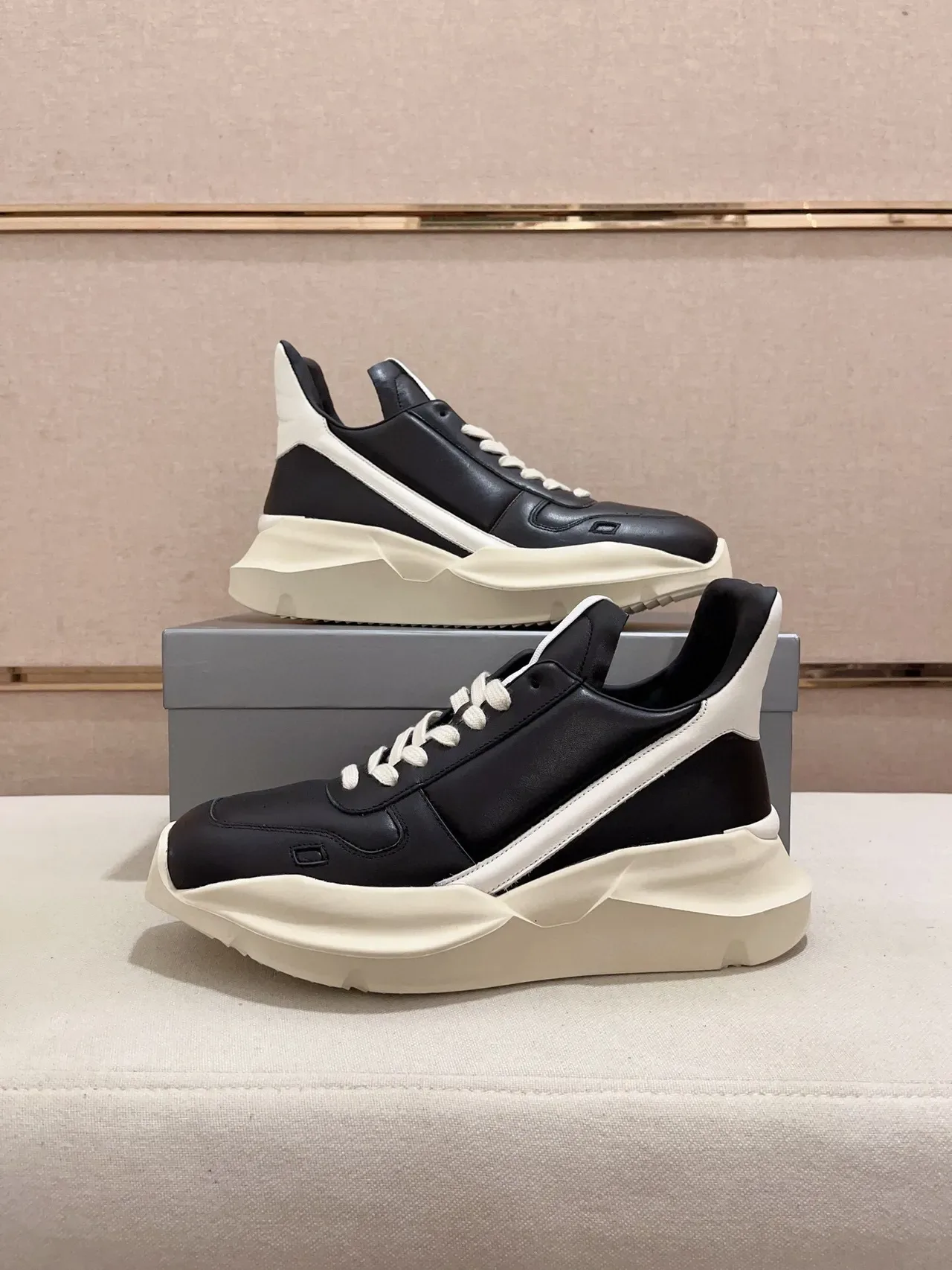 Rick Owens Black Beige Sculpted Sole Asymmetrical Heel Counter Chunky Sneakers 7