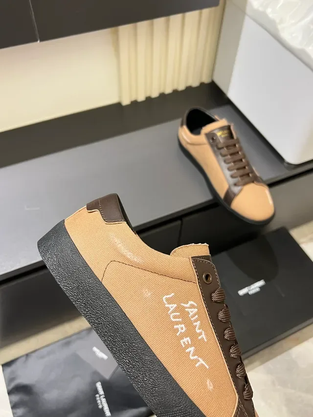 Saint Laurent Beige and Brown Canvas Leather Sneakers 3