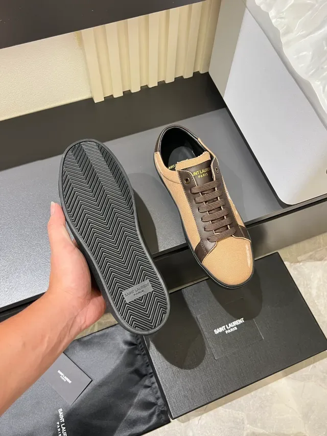 Saint Laurent Beige and Brown Canvas Leather Sneakers 4
