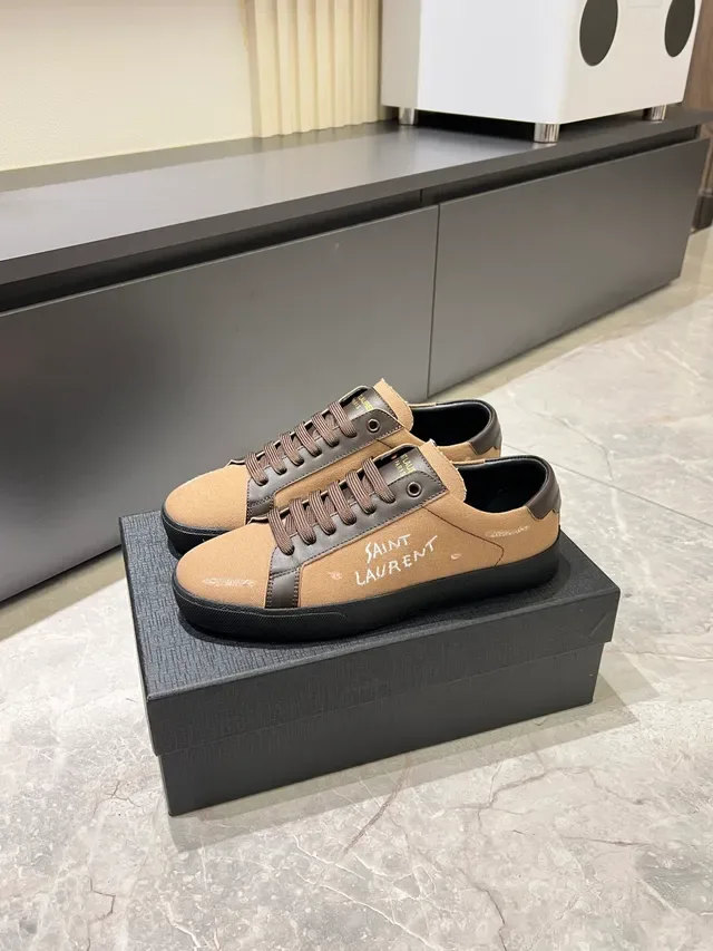 Saint Laurent Beige and Brown Canvas Leather Sneakers 5