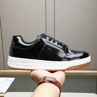 Saint Laurent Black Brown Glossy Patent Leather Perforated Panel Lifestyle Sneakers