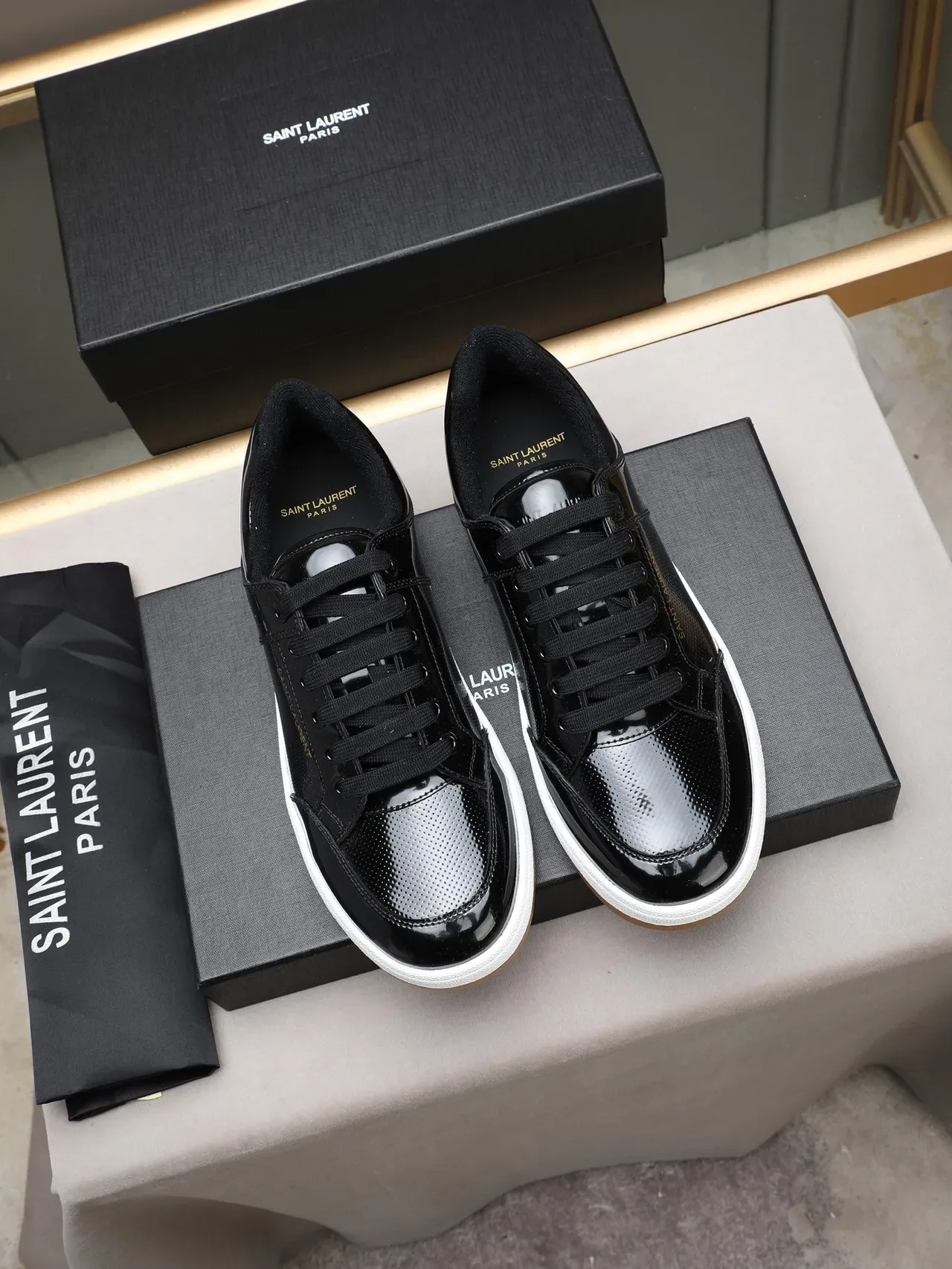 Saint Laurent Black Brown Glossy Patent Leather Perforated Panel Lifestyle Sneakers 2