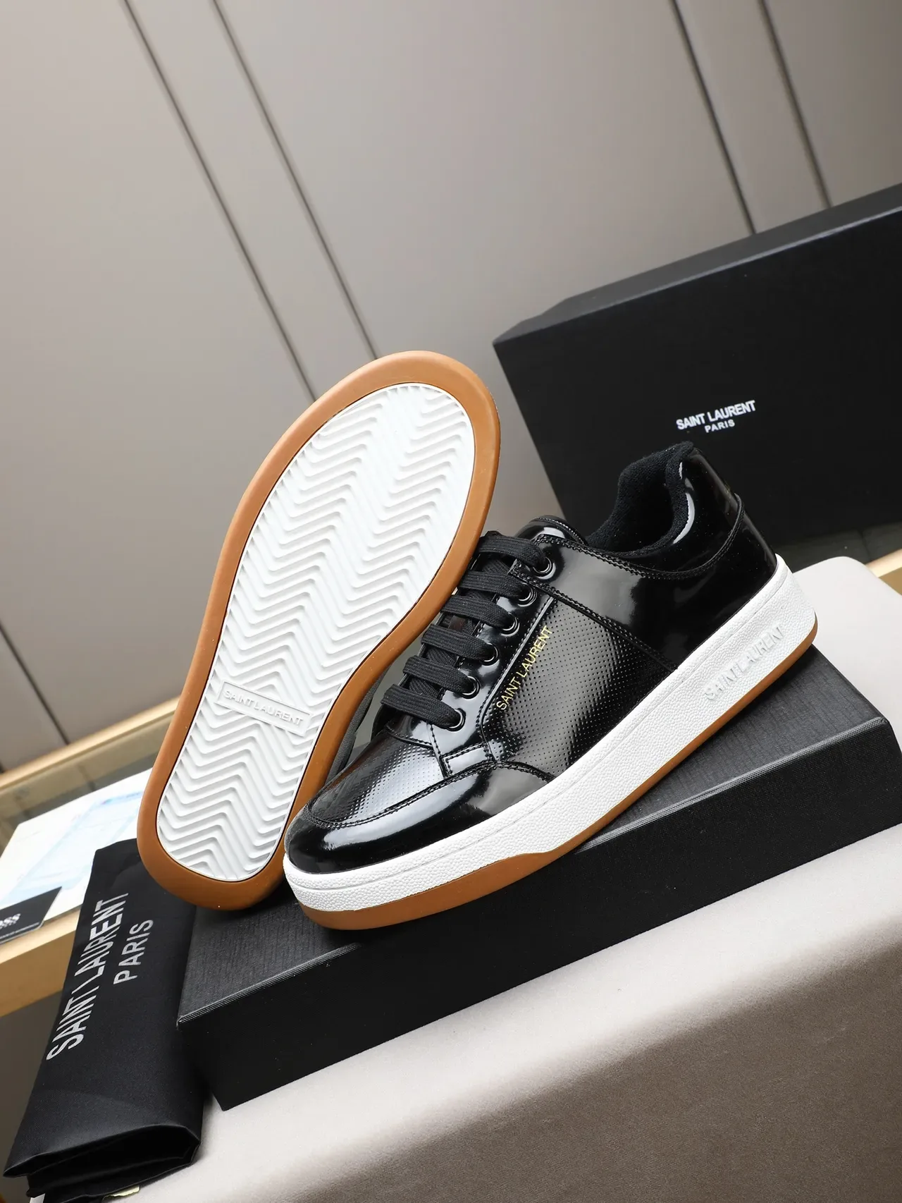 Saint Laurent Black Brown Glossy Patent Leather Perforated Panel Lifestyle Sneakers 4