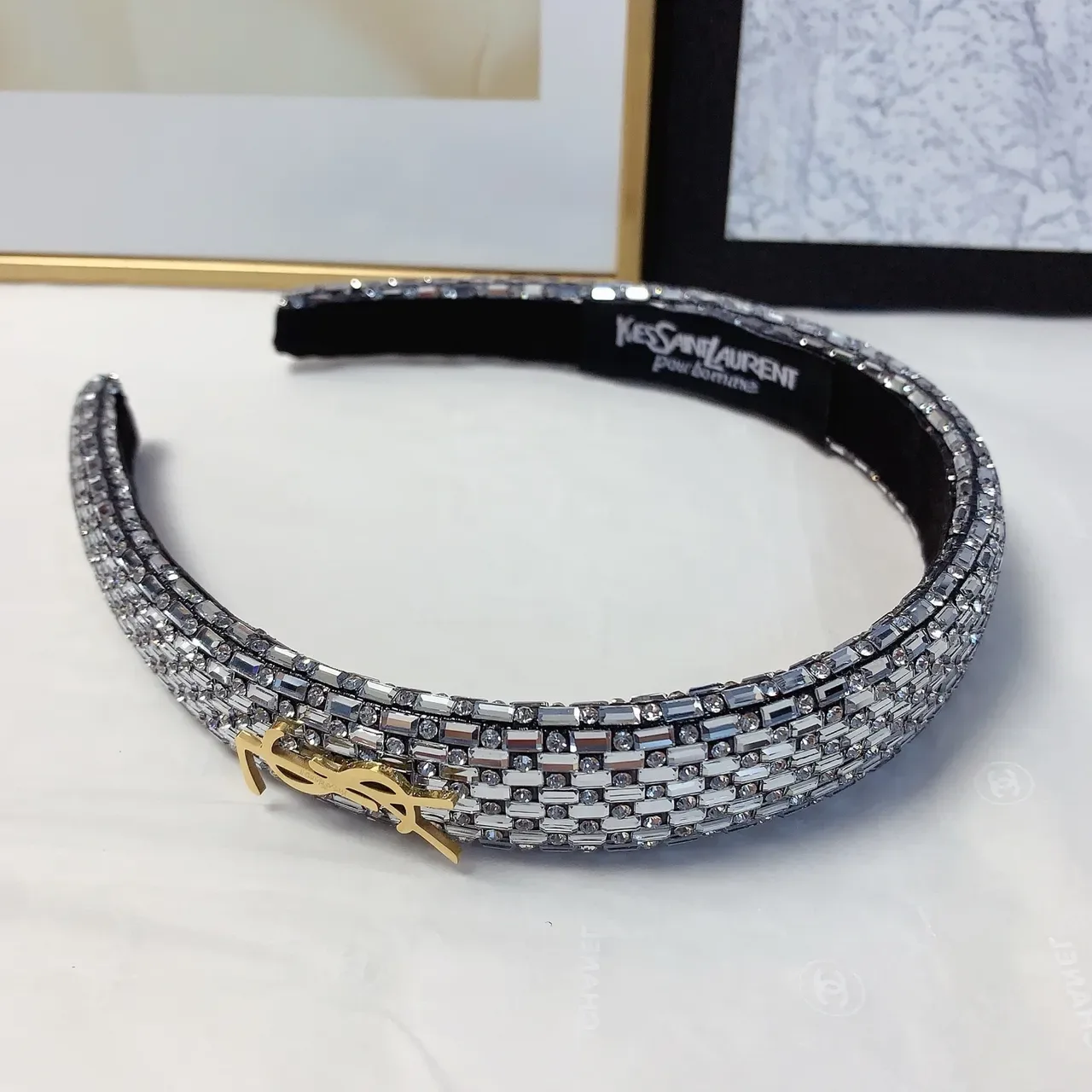 Saint Laurent Black Gold Crystal-Embellished Monogram Jewelry 2