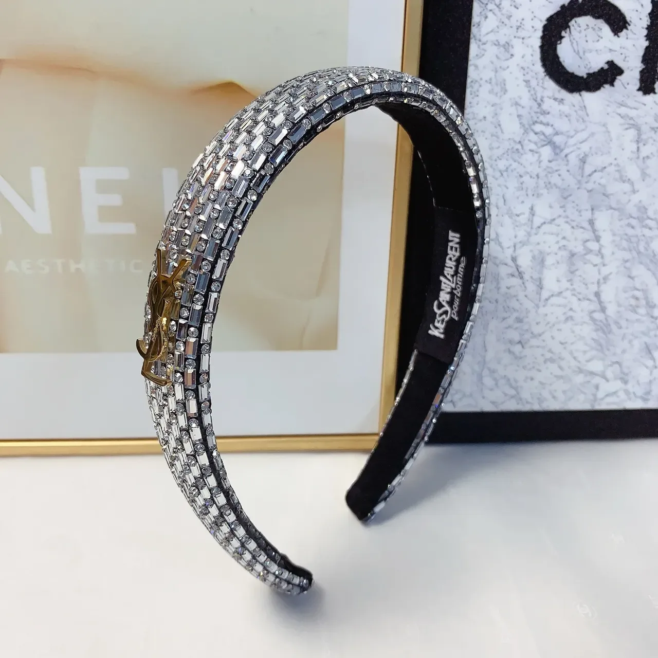 Saint Laurent Black Gold Crystal-Embellished Monogram Jewelry 3